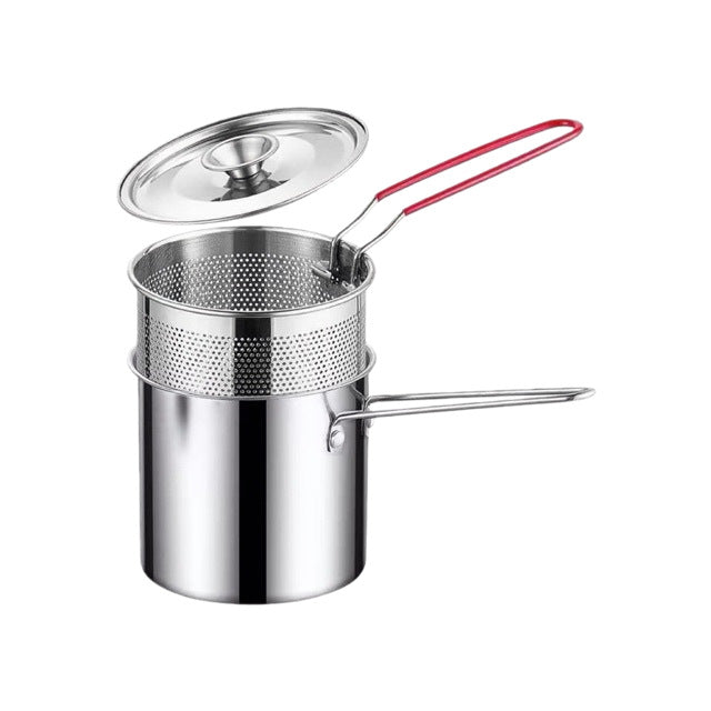 🔥Limited Time 49% OFF🍳 Oil‑Saving Deep Fry Pot, Stainless Steel Small Frying Pot with Strainer Basket & Food Clip
