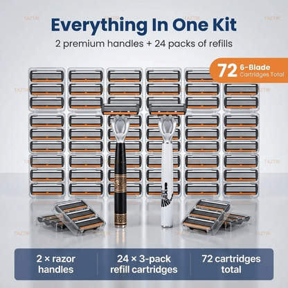 Men's manual razor with 72 replacement heads – heavy-duty stainless steel razor with 6 blades.