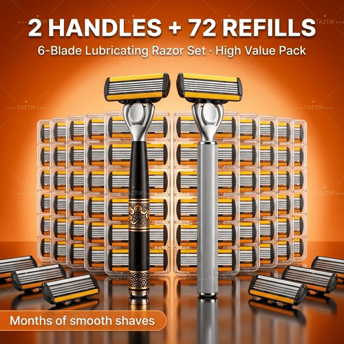 Men's manual razor with 72 replacement heads – heavy-duty stainless steel razor with 6 blades.