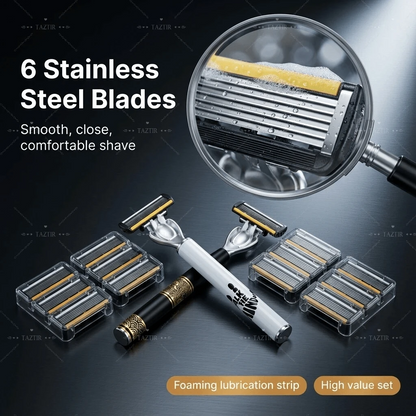 Men's manual razor with 72 replacement heads – heavy-duty stainless steel razor with 6 blades.