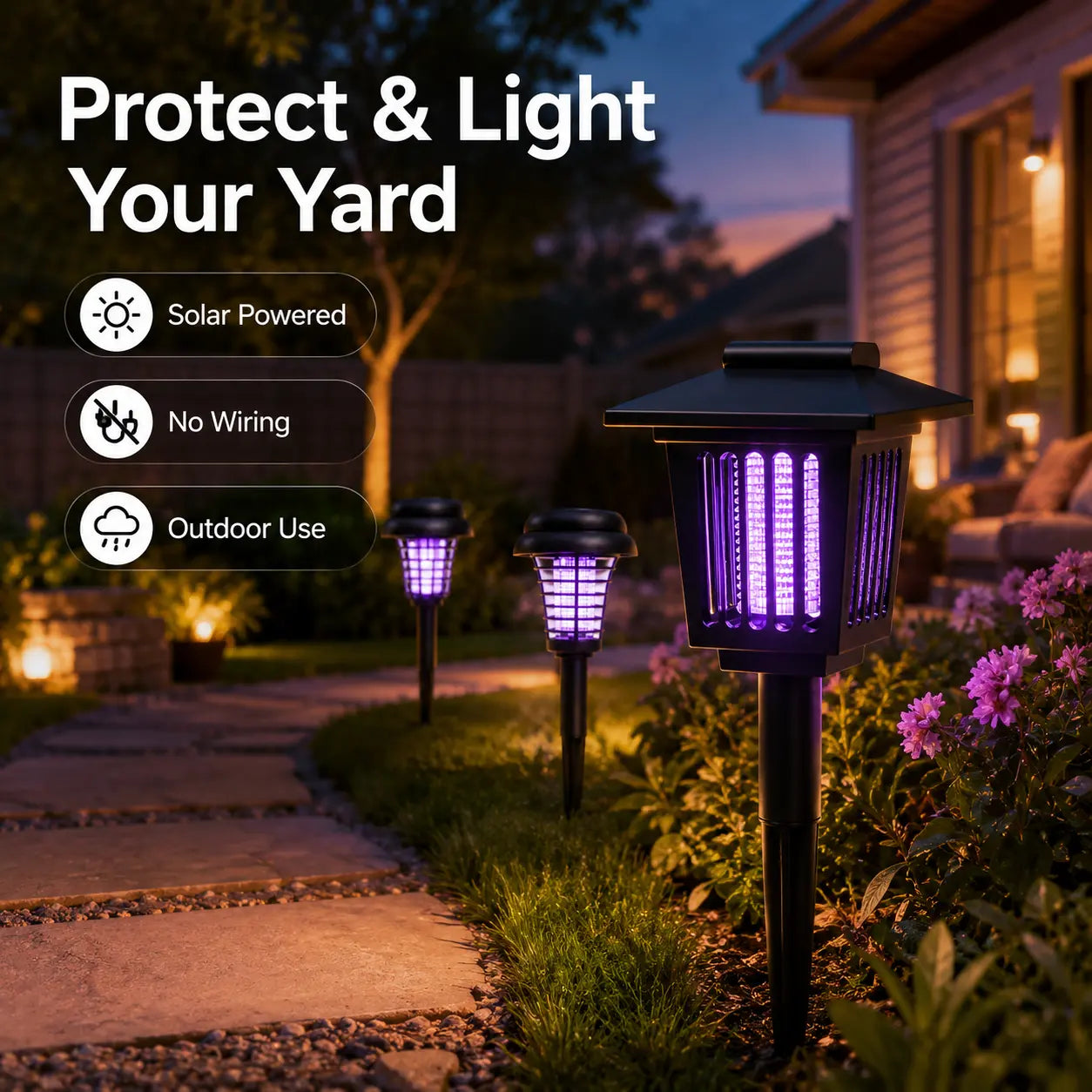 Solar Mosquito Zapper Light – Outdoor Garden Stake Lamp, UV Insect Killer, Solar Powered, Dual Mode (Mosquito Control + Pathway Lighting), Weather Resistant, Easy Setup, Small & Large Round + Square Options