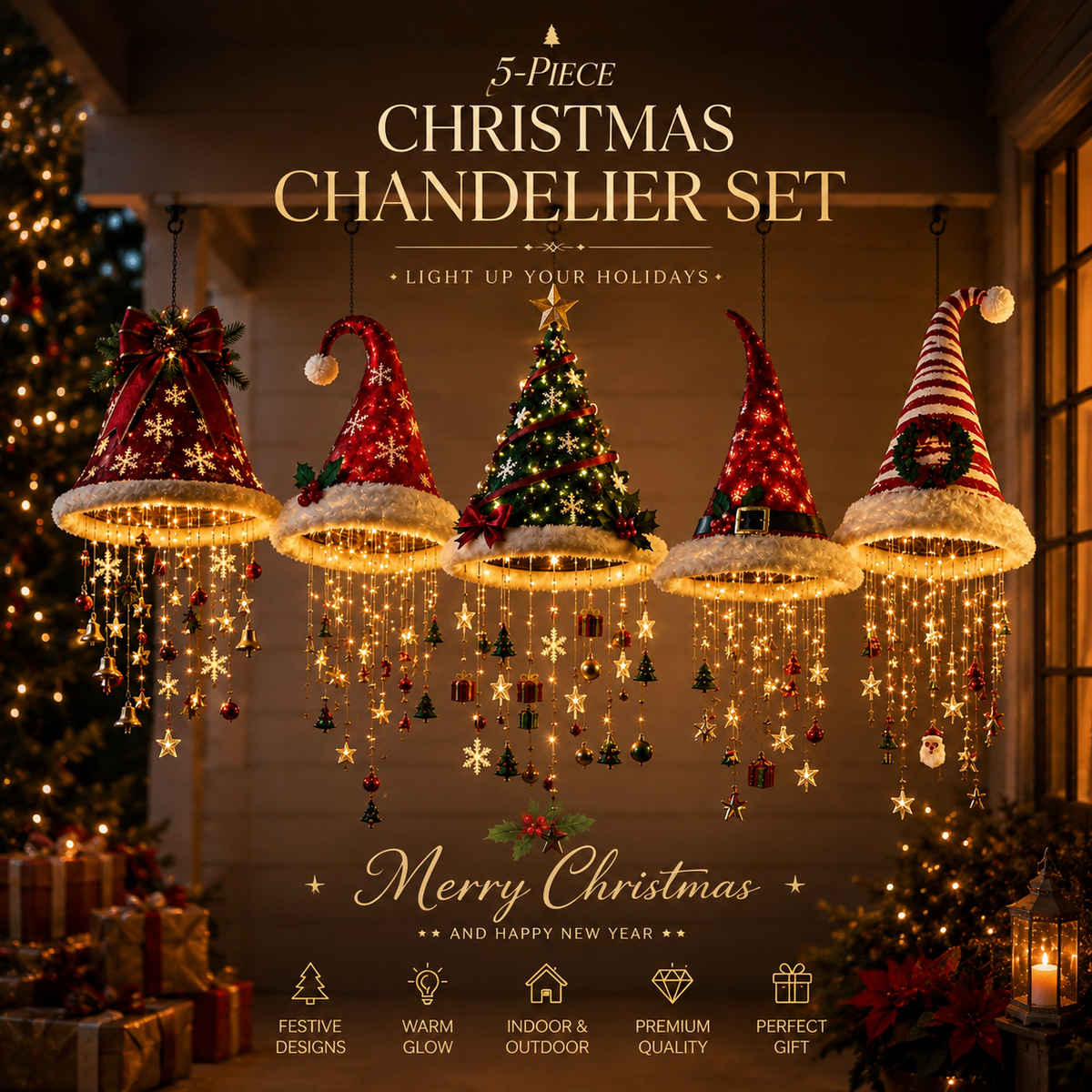 🎅 Merry hats Lighted Santa Hat Hanging Chandelier 🎄 | 5 Styles Warm White LED String Lights