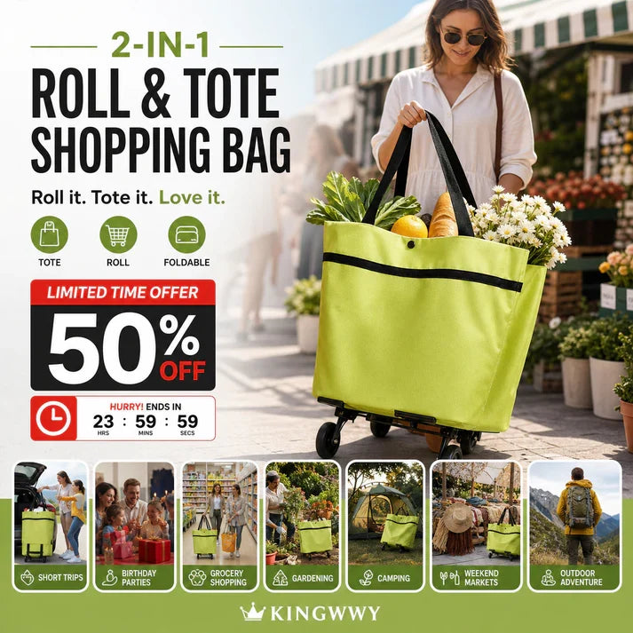 🔥 HOT SALE 🔥 2‑in‑1 Foldable Shopping Trolley – Heavy‑Duty Rolling Grocery Bag