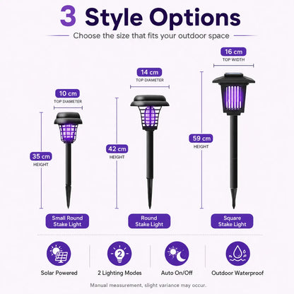 Solar Mosquito Zapper Light – Outdoor Garden Stake Lamp, UV Insect Killer, Solar Powered, Dual Mode (Mosquito Control + Pathway Lighting), Weather Resistant, Easy Setup, Small & Large Round + Square Options