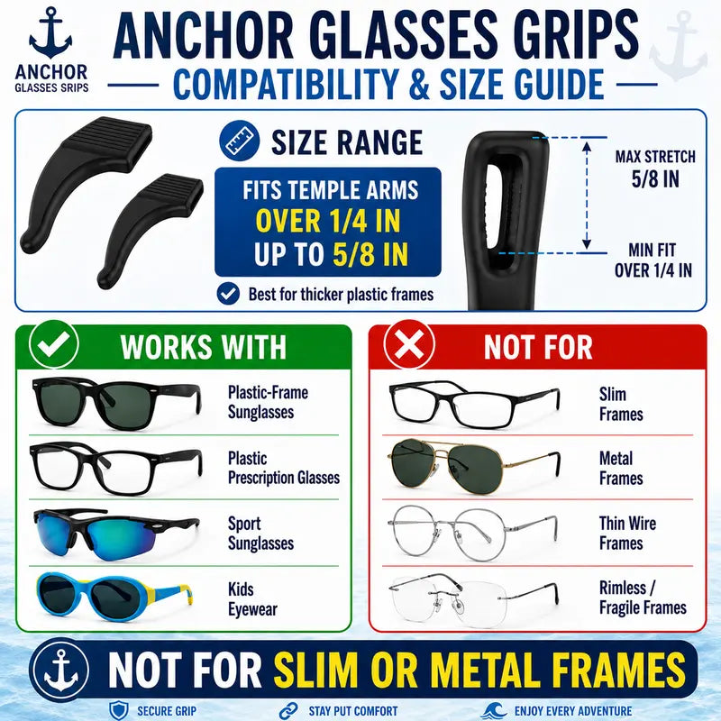 Anchor Glasses Grips - 3 Pack - Anti Slip Eyeglass Holder Ear Grip Sunglasses Retainer Temple Tip Reading Glasses Holder