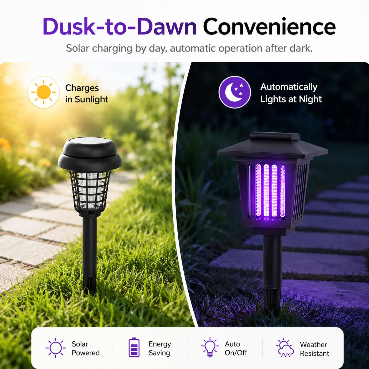 Solar Mosquito Zapper Light – Outdoor Garden Stake Lamp, UV Insect Killer, Solar Powered, Dual Mode (Mosquito Control + Pathway Lighting), Weather Resistant, Easy Setup, Small & Large Round + Square Options