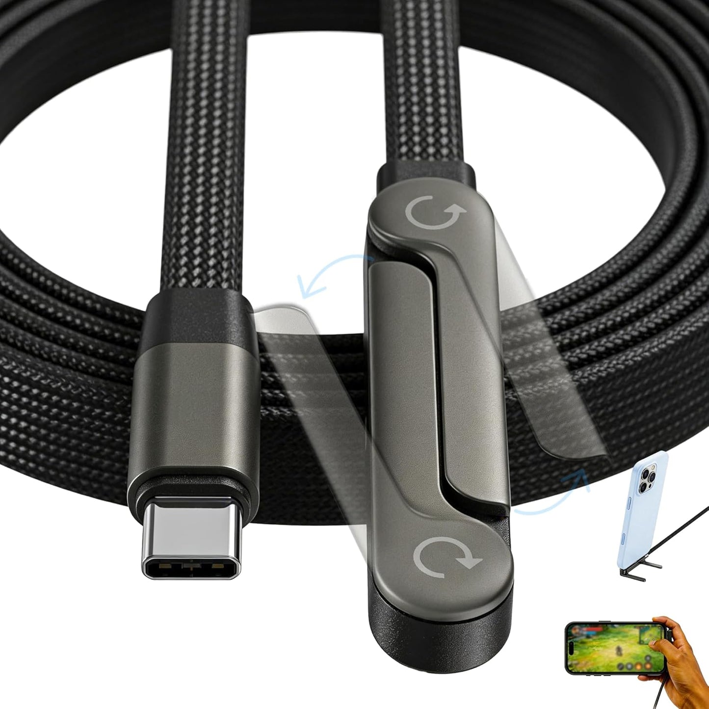 240W USB C to USB C Ultra Fast Charging Cable with Invisible Stand Flat Phone Charger 90 Degree Right Angle Plug T Shaped Foldable Stand Multi Functional Cord Black 4.9 Ft