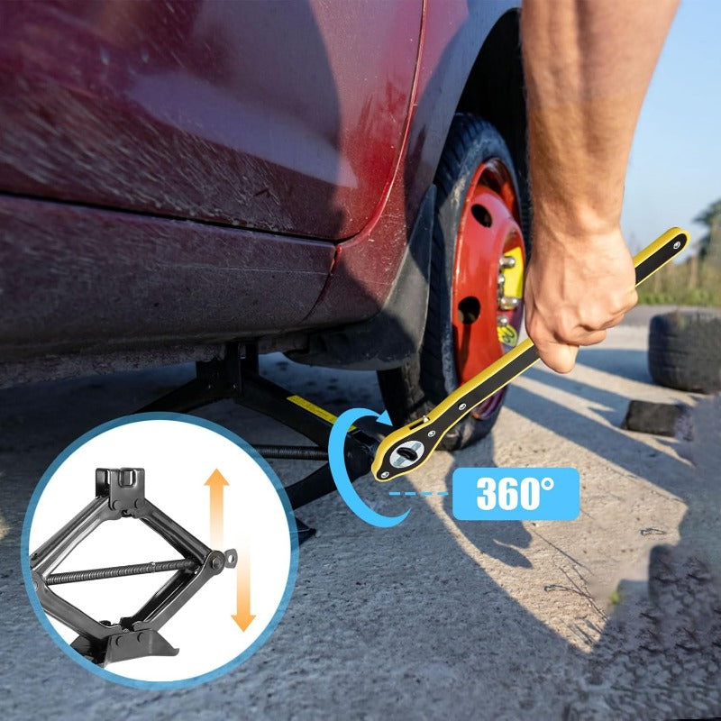 Heavy-Duty Scissor Jack Ratchet Wrench – 360° Rotating Tire Lift Tool with Cross Adapter Kit