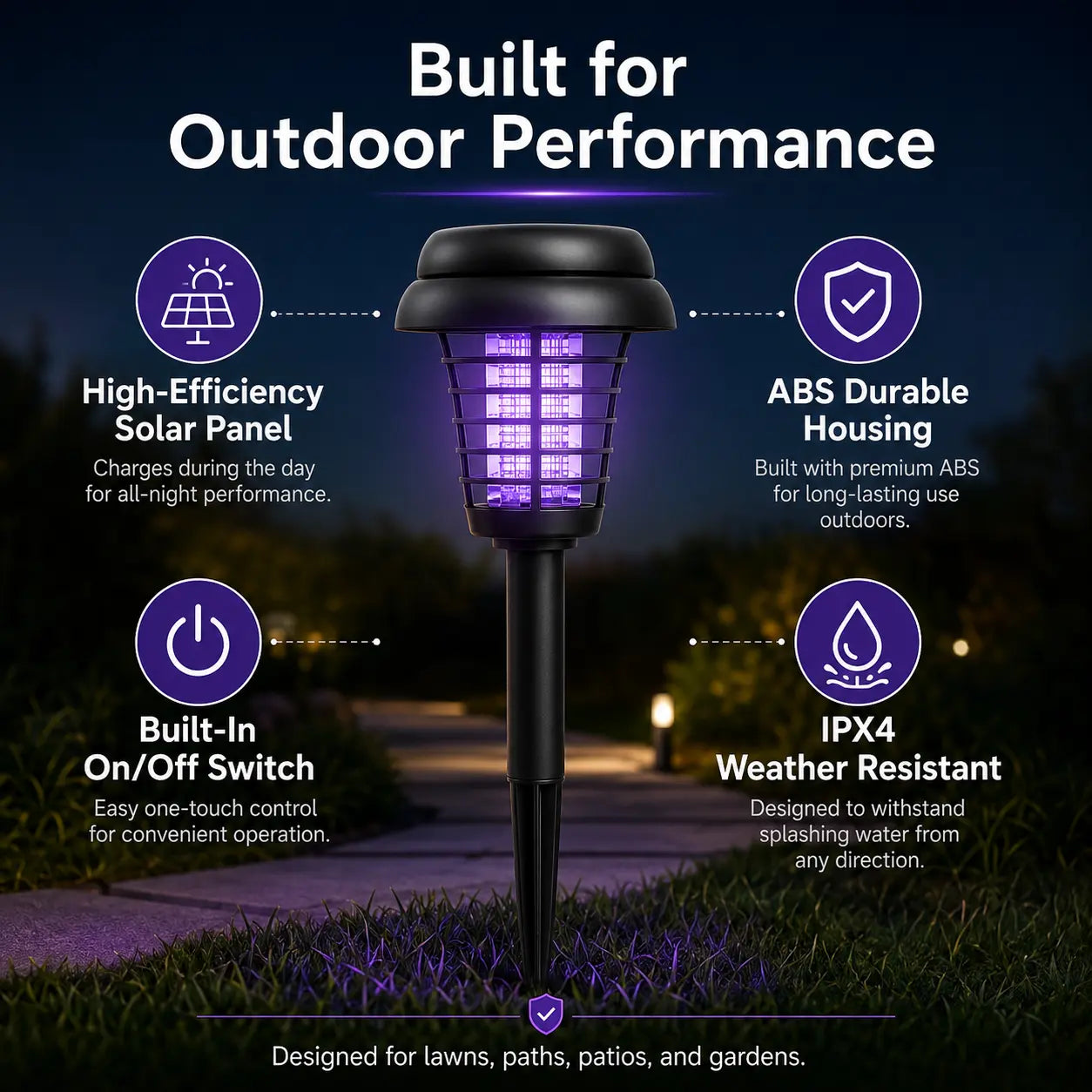 Solar Mosquito Zapper Light – Outdoor Garden Stake Lamp, UV Insect Killer, Solar Powered, Dual Mode (Mosquito Control + Pathway Lighting), Weather Resistant, Easy Setup, Small & Large Round + Square Options
