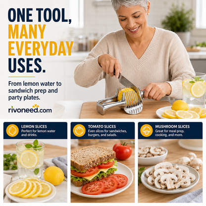 🎁BUY 1 GET 1 FREE🎁🍋 Creative Kitchen Slice Cutting Tool, Food‑Grade Aluminum Alloy Hand‑Held Slicer, Quick Slicing Holder for Lemon, Tomato, Onion & Soft Fruits Vegetables