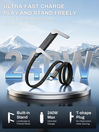 240W USB C to USB C Ultra Fast Charging Cable with Invisible Stand Flat Phone Charger 90 Degree Right Angle Plug T Shaped Foldable Stand Multi Functional Cord Black 4.9 Ft