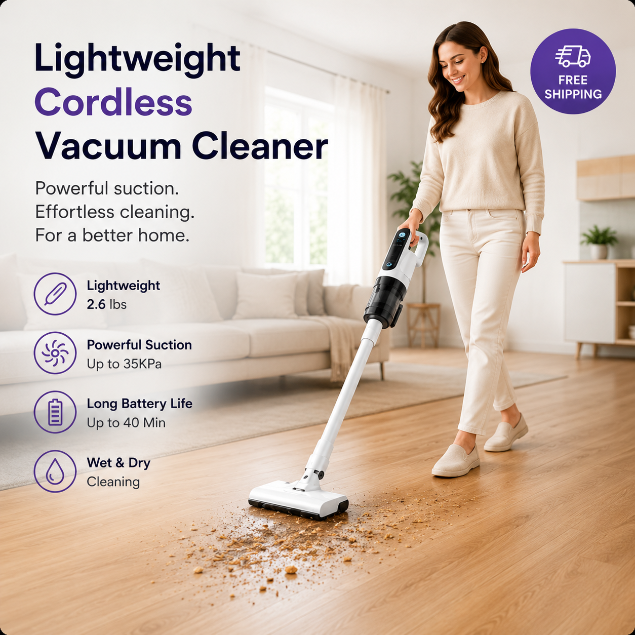 Lightweight Cordless Vacuum Cleaner – Powerful Suction for Pet Hair, Carpets & Hard Floors | Wet & Dry Cleaning