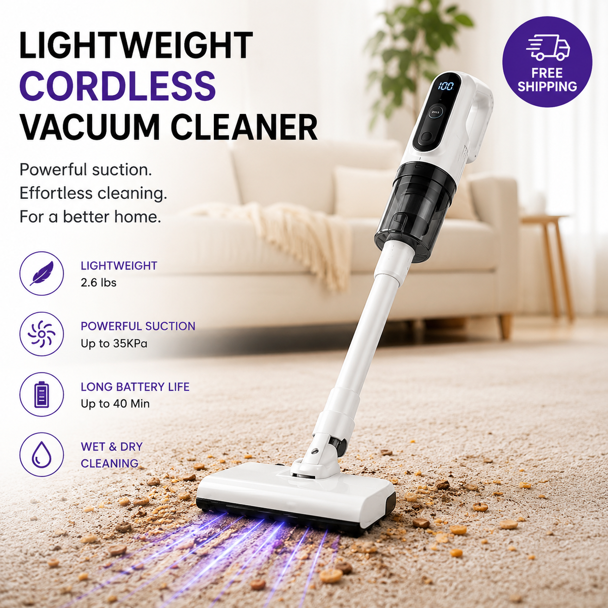 Lightweight Cordless Vacuum Cleaner – Powerful Suction for Pet Hair, Carpets & Hard Floors | Wet & Dry Cleaning