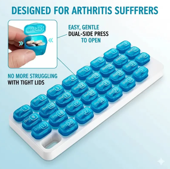 🔥HOT SALE🔥✅31 Days Arthritis Friendly Monthly Pill Organizer Box, BPA Free Easy Open Medication Case Gift for Seniors & Family
