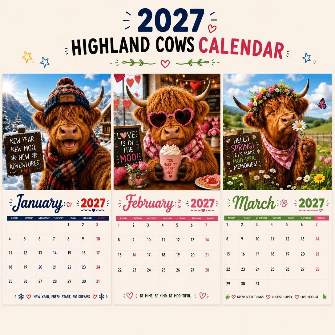 2027 Funny Highland Cows Wall Calendar | A4 Hanging Calendar