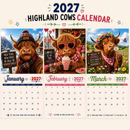 2027 Funny Highland Cows Wall Calendar | A4 Hanging Calendar