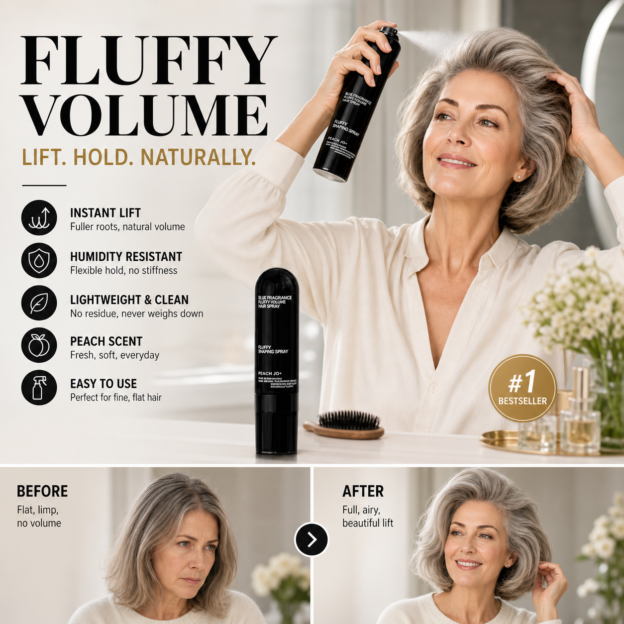 🎉Limited Time 💥Buy 3 get 2 free💇🏻‍♀️Recommended by Hairstylists! 🔥Shape in 3 Seconds! Easily Create Fluffy & Elegant Hairstyles! 👩 Peach-scented volumizing & setting spray