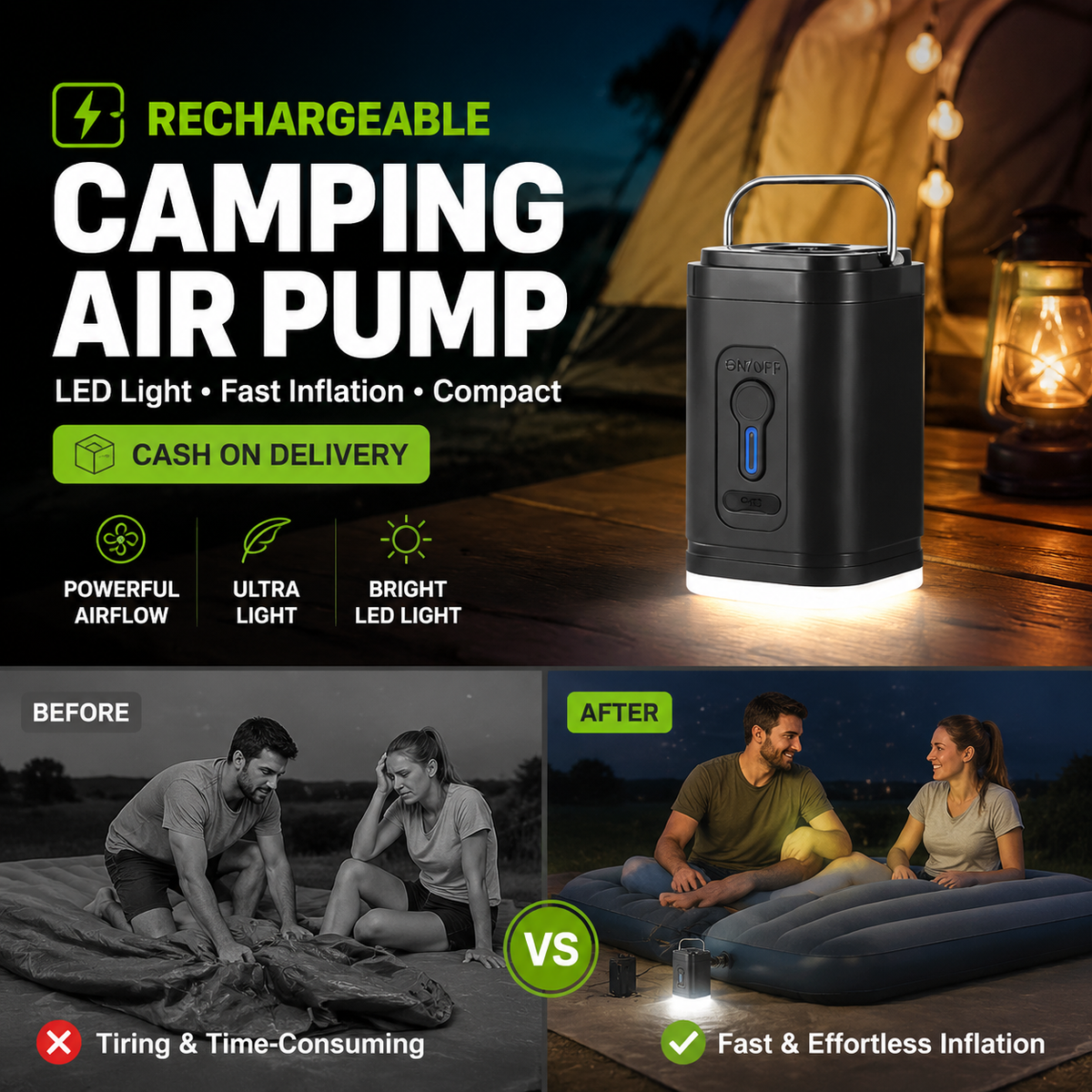🏕️ Rechargeable Camping Air Pump – LED Light, Fast Inflation, Compact – Cash on Delivery 🔋