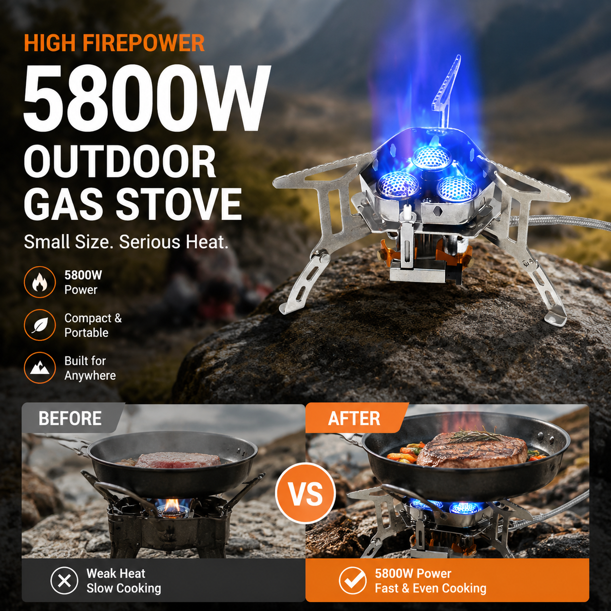📢📢50% OFF !! ⏰Camping Gas Burner – 5800W, Piezo Ignition, Windproof 🔥