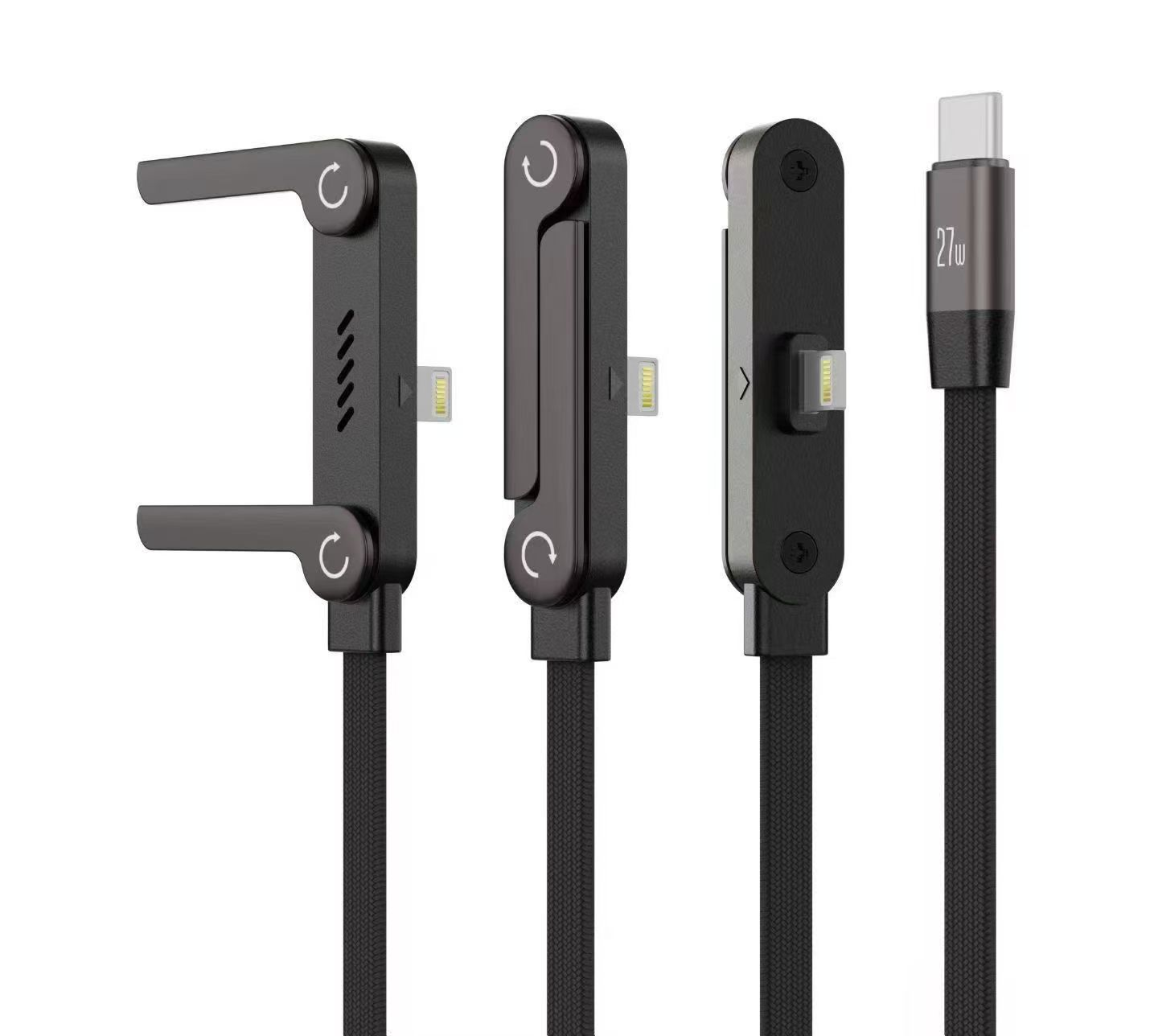 240W USB C to USB C Ultra Fast Charging Cable with Invisible Stand Flat Phone Charger 90 Degree Right Angle Plug T Shaped Foldable Stand Multi Functional Cord Black 4.9 Ft