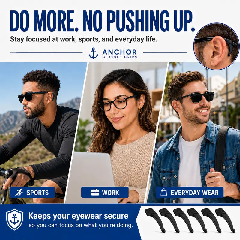 Anchor Glasses Grips - 3 Pack - Anti Slip Eyeglass Holder Ear Grip Sunglasses Retainer Temple Tip Reading Glasses Holder