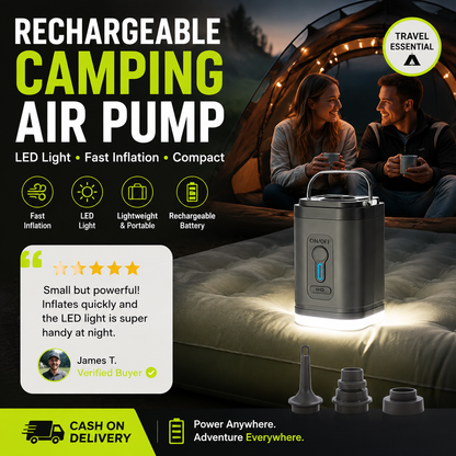 🏕️ Rechargeable Camping Air Pump – LED Light, Fast Inflation, Compact – Cash on Delivery 🔋