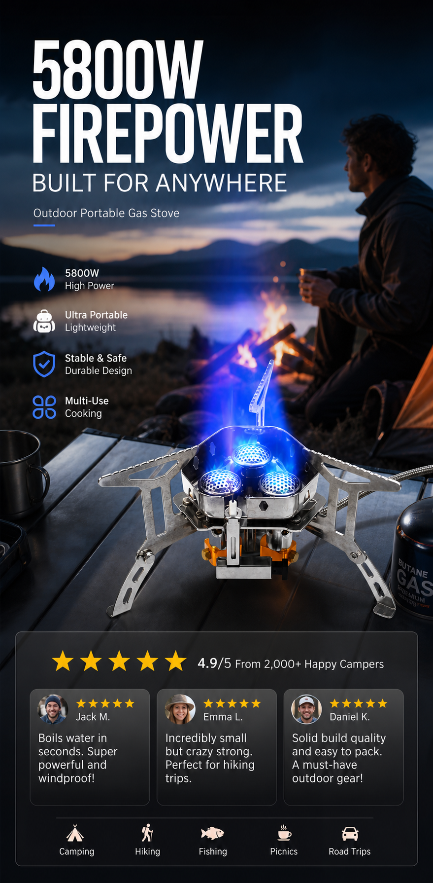📢📢50% OFF !! ⏰Camping Gas Burner – 5800W, Piezo Ignition, Windproof 🔥