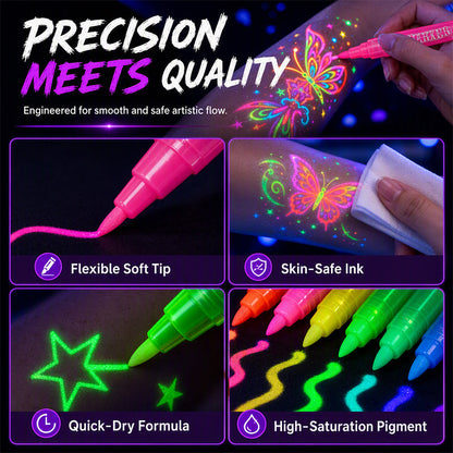 ✨✨✨ Glow Tattoo Pens – UV Neon Colors for Parties & Festivals, Waterproof & Easily Washable