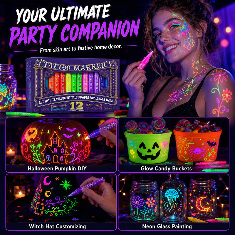 ✨✨✨ Glow Tattoo Pens – UV Neon Colors for Parties & Festivals, Waterproof & Easily Washable