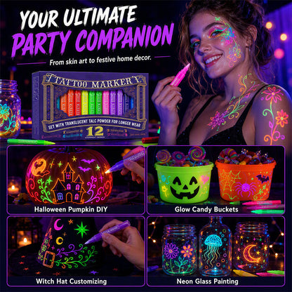 ✨✨✨ Glow Tattoo Pens – UV Neon Colors for Parties & Festivals, Waterproof & Easily Washable