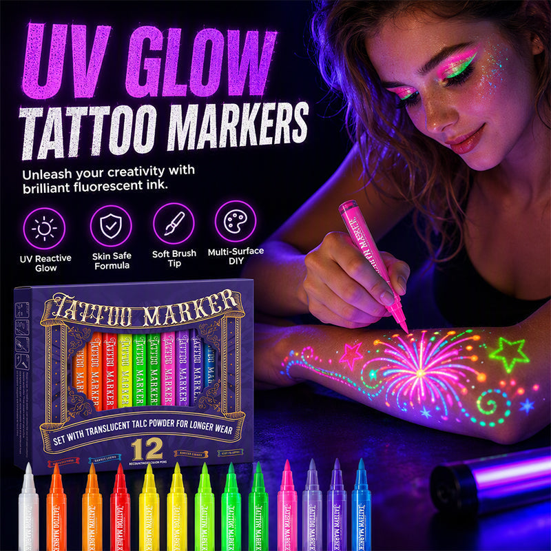 ✨✨✨ Glow Tattoo Pens – UV Neon Colors for Parties & Festivals, Waterproof & Easily Washable