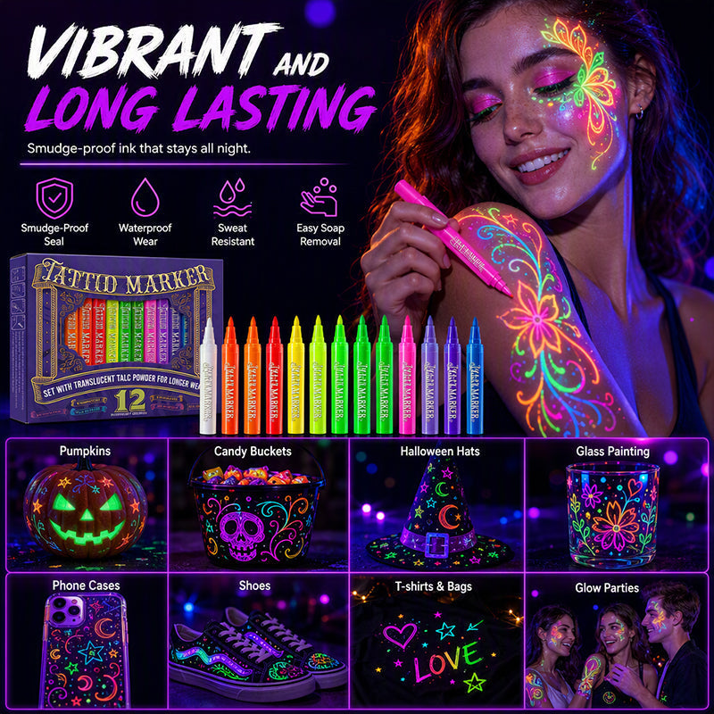 ✨✨✨ Glow Tattoo Pens – UV Neon Colors for Parties & Festivals, Waterproof & Easily Washable