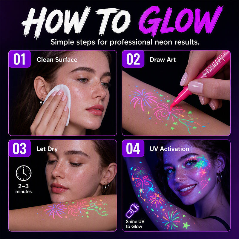 ✨✨✨ Glow Tattoo Pens – UV Neon Colors for Parties & Festivals, Waterproof & Easily Washable
