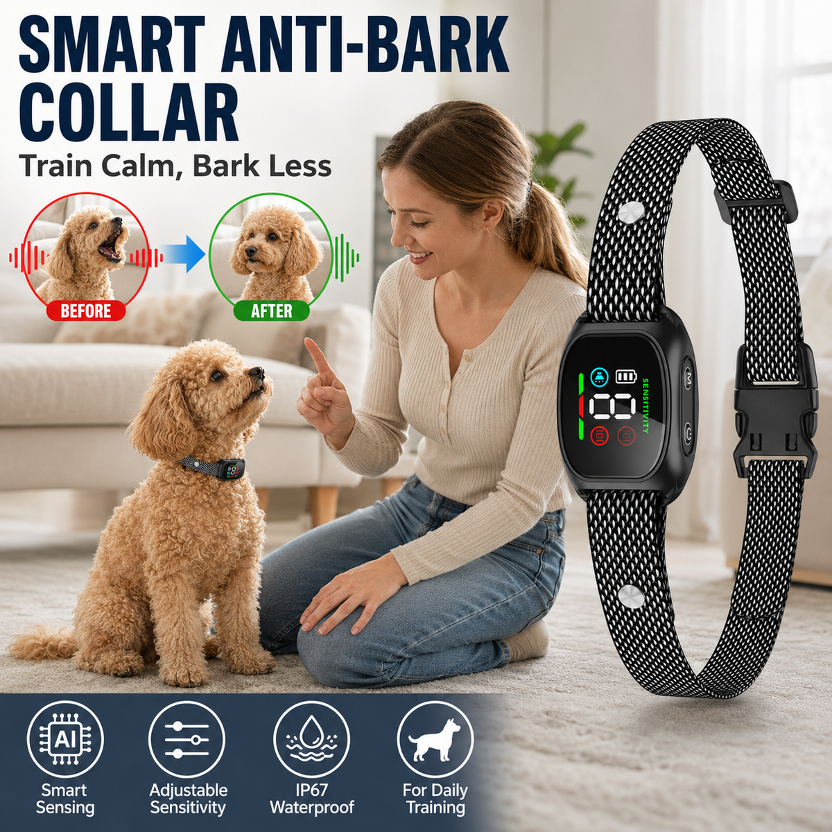 🐕2026 HOT SALE🥳 Anti Bark Collar – Smart anti‑false triggering filters out other barks. IP67 waterproof & USB rechargeable – worry‑free training anywhere! 💦✅